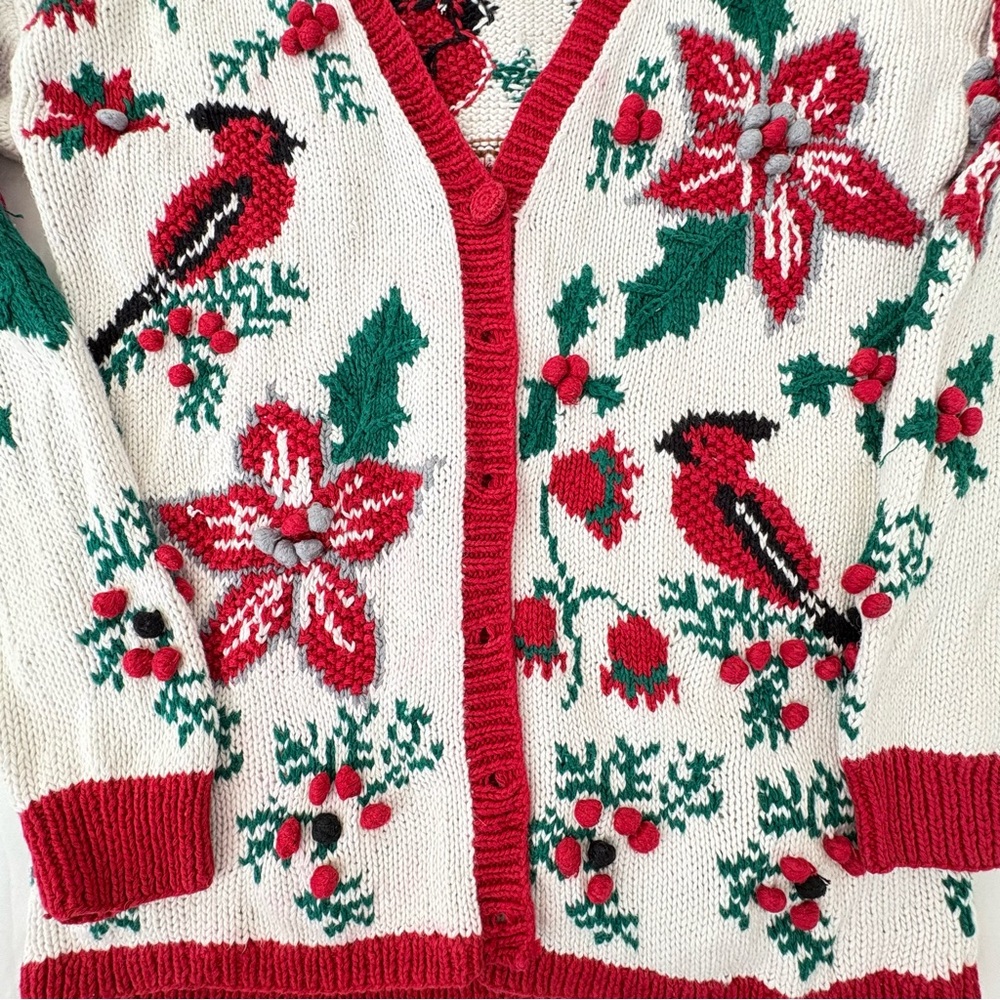 Vintage Holiday Cardinal Cardigan | Poinsettia Christmas Sweater | Cotton | M - Picture 3 of 9